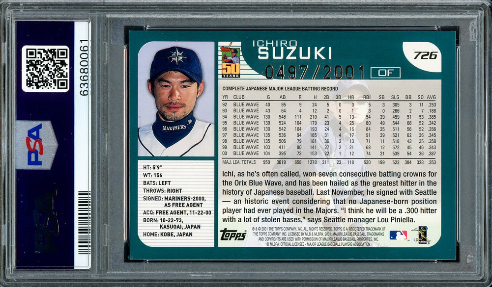 Ichiro Autographed Signed 2001 Topps Gold Rookie Card #726 Seattle Mariners PSA Auto Grade Mint 9 01 Roy MVP PSA/DNA Image a