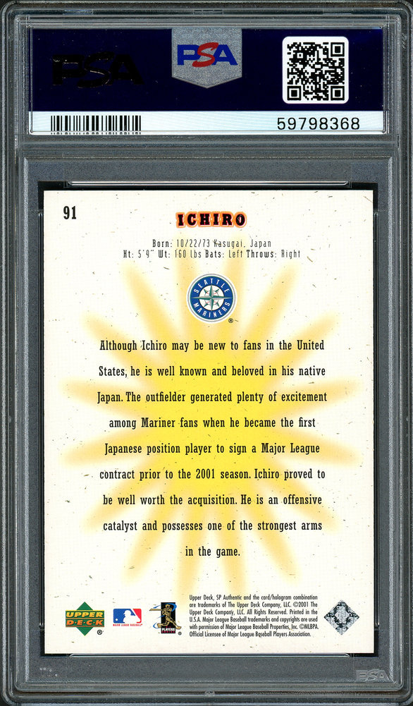 Ichiro Autographed Signed 2001 Sp Authentic Rookie Card #91 Seattle Mariners PSA Auto Grade Gem Mint 10 01 Roy/MVP #31/1250 PSA/DNA Image a
