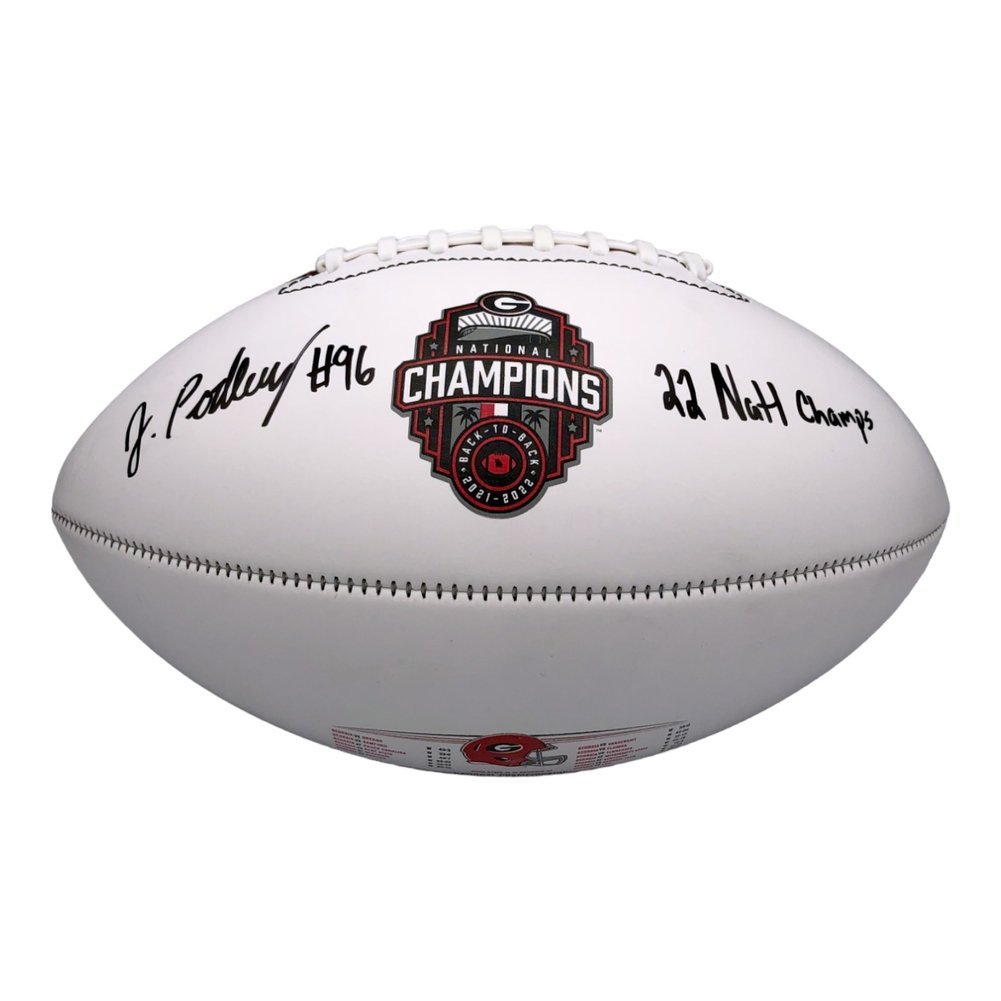 Jack Podlesny Autographed Signed Georgia Bulldogs White Back-To-Back Champions Logo Football wiith 22 Natl Champs Inscription - Beckett Authentic Image a