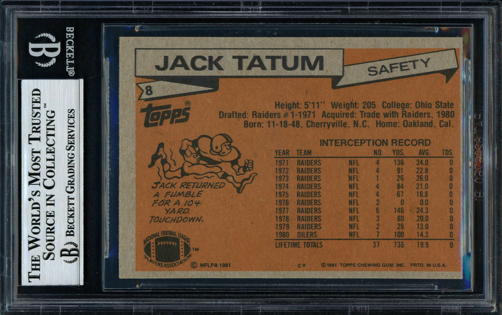 Jack Tatum Autographed 1981 Topps Card #8 Houston Oilers Beckett Beckett Image a