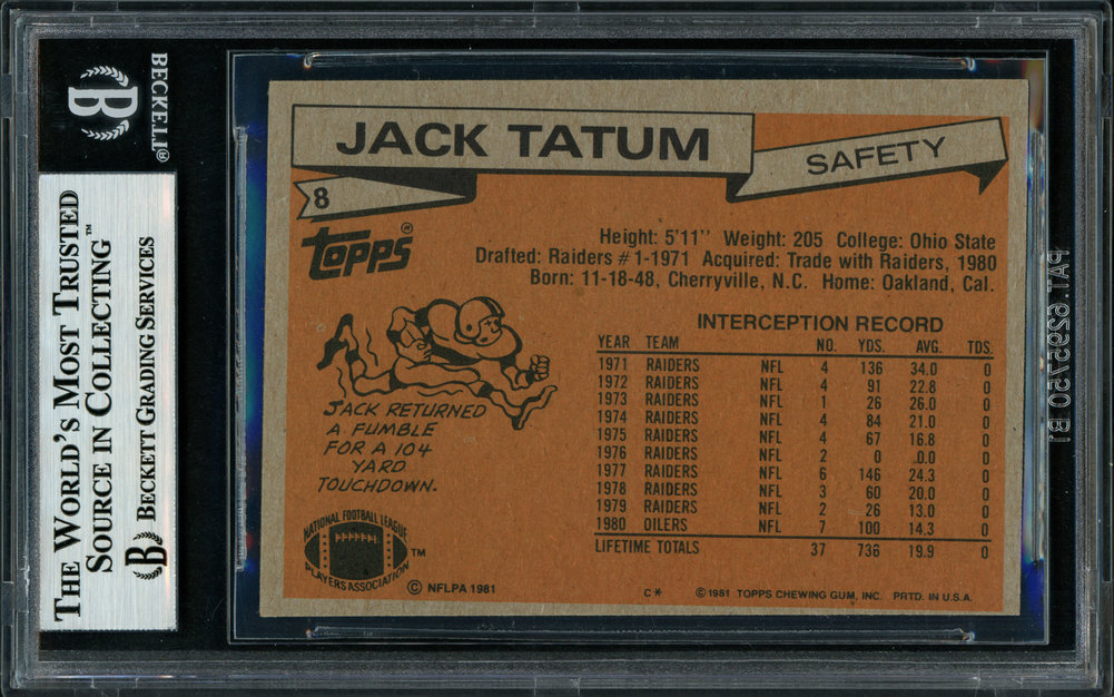 Jack Tatum Autographed 1981 Topps Card #8 Houston Oilers Beckett Beckett Image a