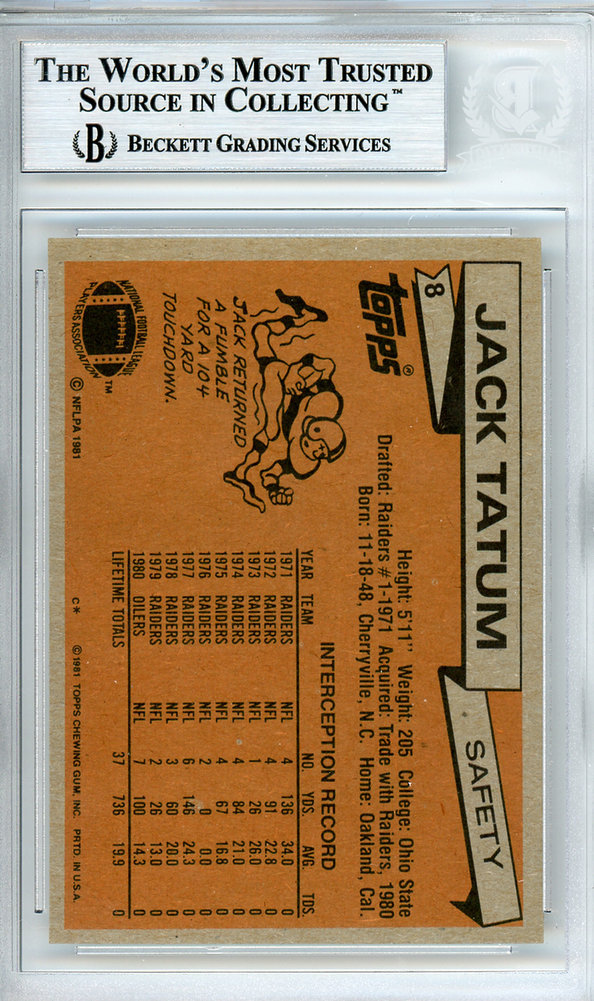 Jack Tatum Autographed 1981 Topps Card #8 Houston Oilers Beckett Beckett Image a