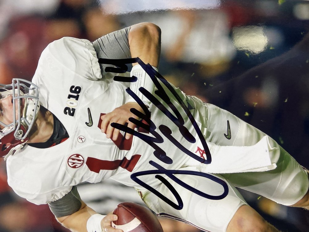 Jake Coker Autographed Alabama Crimson Tide Rollout in 2016 National Championship 8x10 Photo Signed in White - Certified Authentic Image a