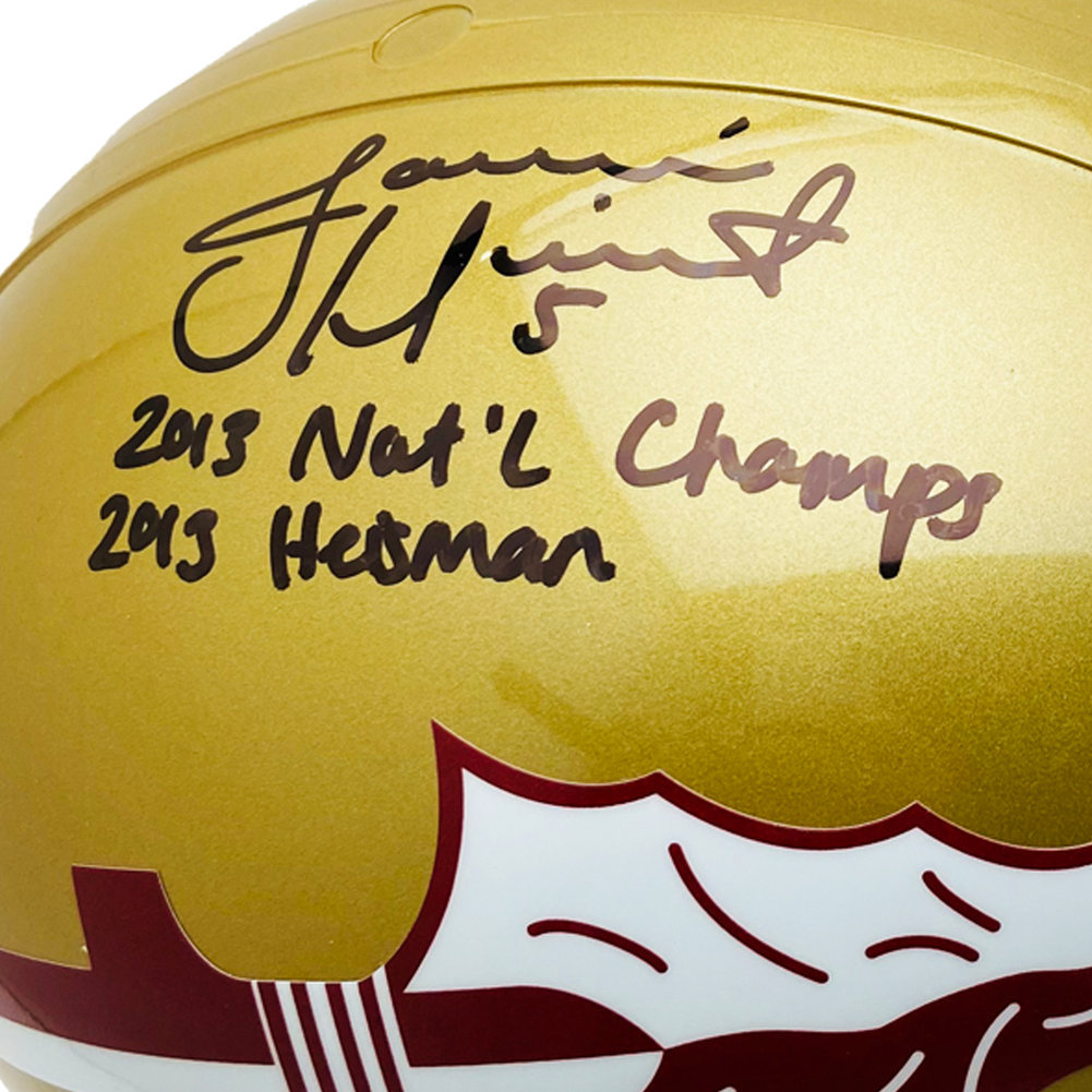 Jameis Winston Florida State Seminoles Autographed Signed Riddell Gold Full Size Replica Helmet with 2013 Nat'l Champs & 2013 Heisman Inscription - PSA/DNA Authentication Image a