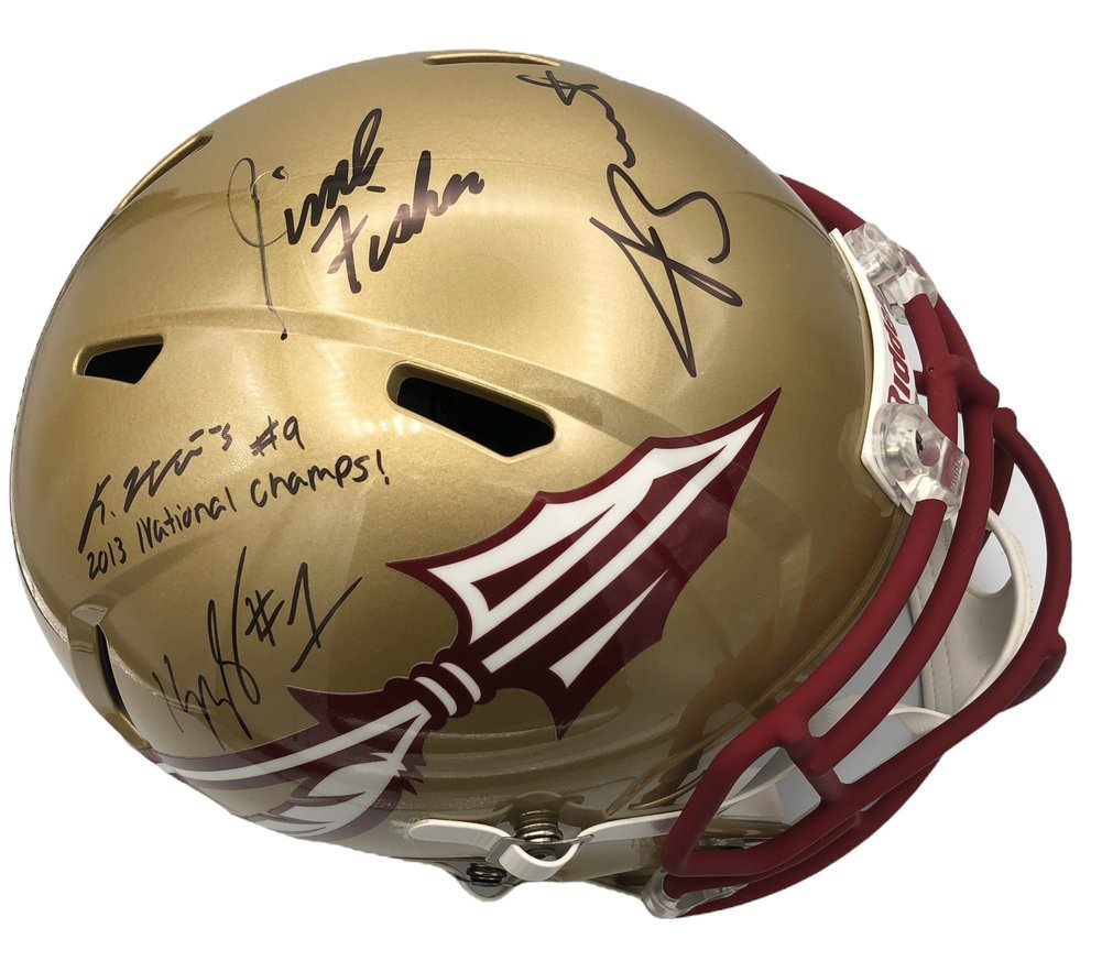 Jameis Winston, Kelvin Benjamin, Jimbo Fisher, and Karlos Williams Autographed Signed Florida State Semioles 2013 National Champs Riddell Speed Full Size Replica Helmet with 2013 Nationall Champs! Inscription - JSA & PSA/DNA Authentic Image a