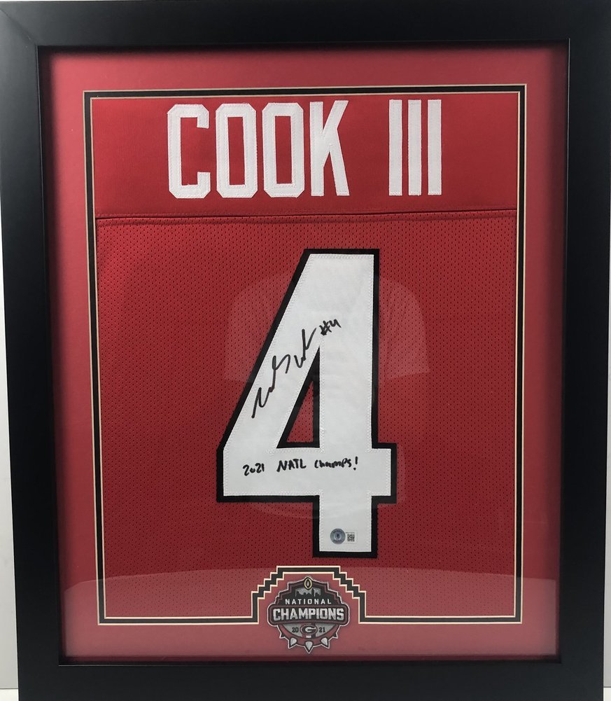 James Cook Autographed Signed Georgia Bulldogs Economy 2021 National Champions Red #4 Jersey Frame - Beckett QR Authentic Image a
