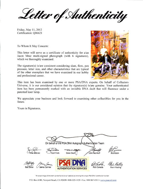 Jason Mraz & Band Autographed 8X10 Photo PSA/DNA Image a