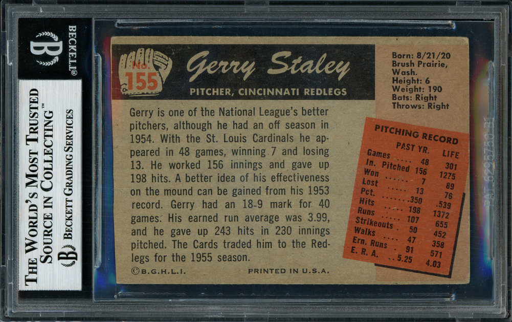 Gerry Staley Autographed Signed Jerry Gerry Staley 1955 Bowman Card #155 Cincinnati Reds Beckett Beckett Image a