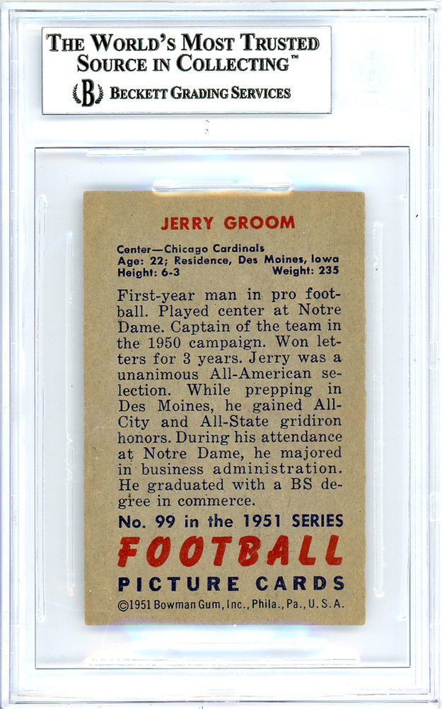 Jerry Groom Autographed 1951 Bowman Rookie Card #99 Chicago Cardinals Beckett Beckett Image a