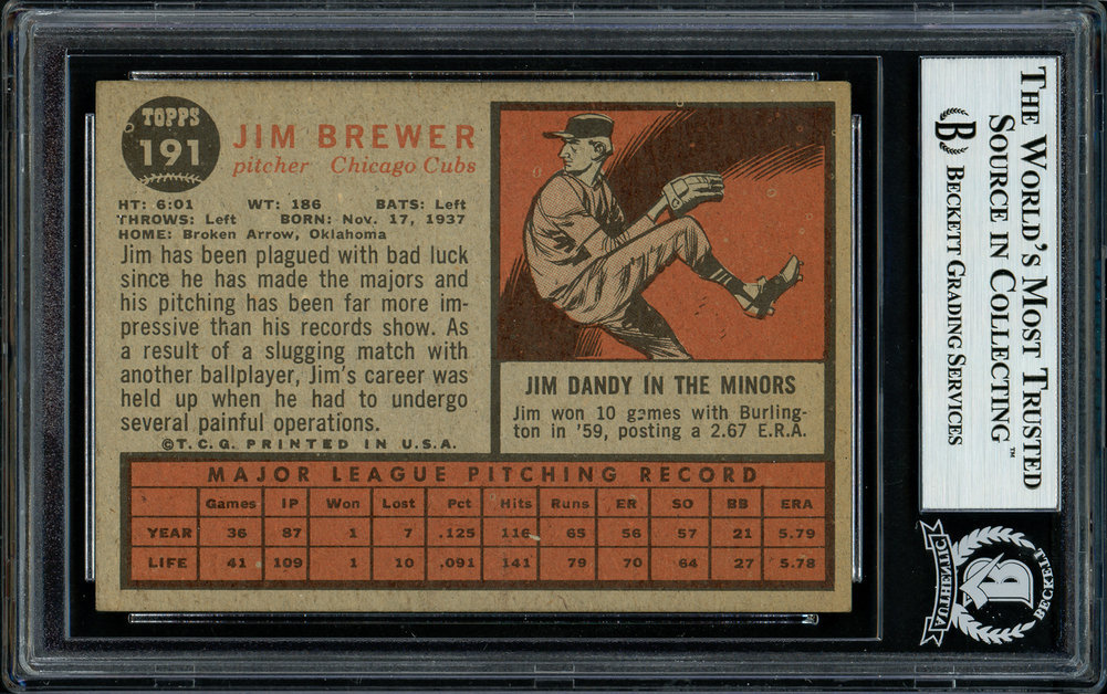 Jim Brewer Autographed 1962 Topps Card #191 Chicago Cubs Beckett Beckett Image a