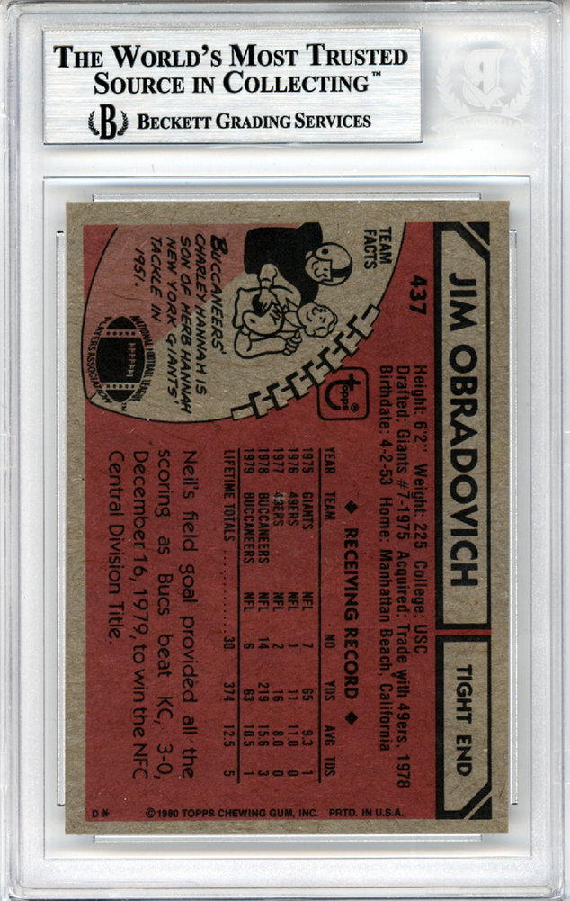 Jim Obradovich Autographed 1980 Topps Card #437 Tampa Bay Buccaneers Beckett Beckett Image a