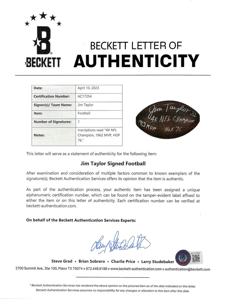 Jim Taylor Autographed Signed NFL Leather Football Green Bay Packers "4X NFL Champ, HOF 76, 1962 MVP" PSA/DNA Image a