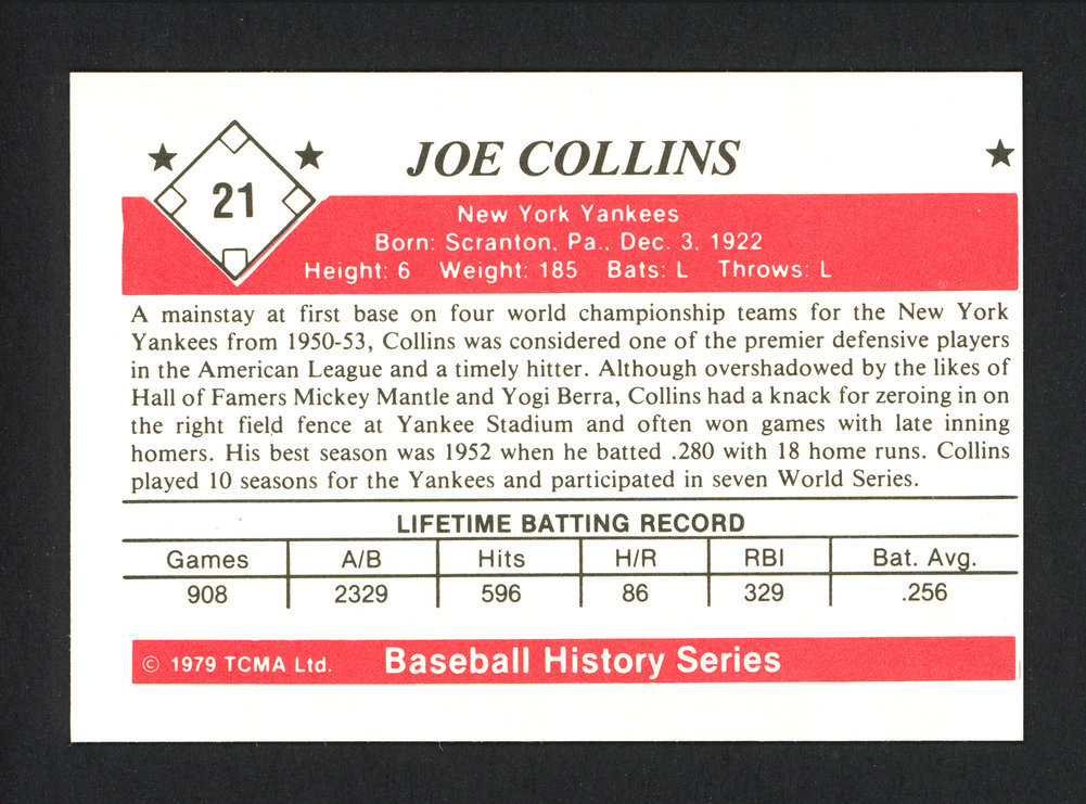 Joe Collins Autographed 1979 Tcma Card #21 New York Yankees #162267 Image a