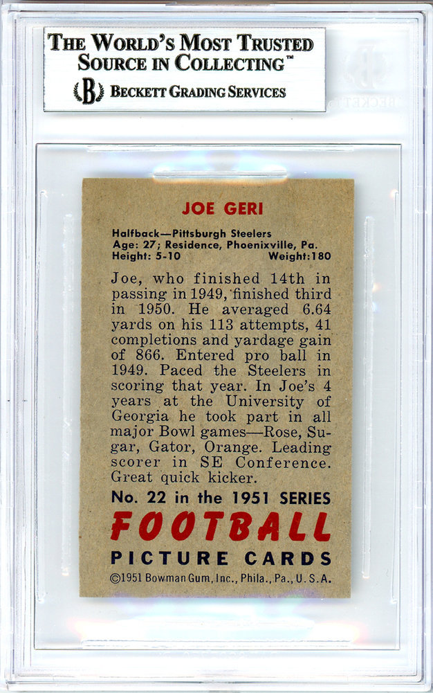 Joe Geri Autographed 1951 Bowman Card #22 Pittsburgh Steelers Beckett Beckett Image a