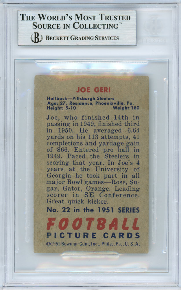 Joe Geri Autographed 1951 Bowman Card #22 Pittsburgh Steelers Beckett Beckett Image a