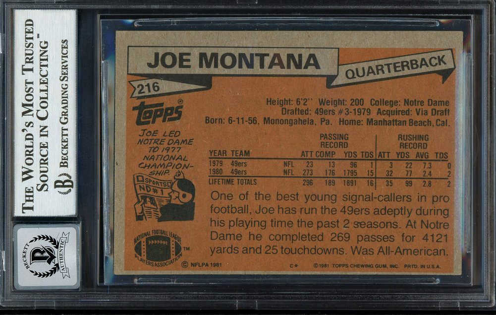 Joe Montana Autographed Signed 1981 Topps Rookie Card #216 San Francisco 49Ers Auto Grade Gem Mint 10 Beckett Beckett Image a