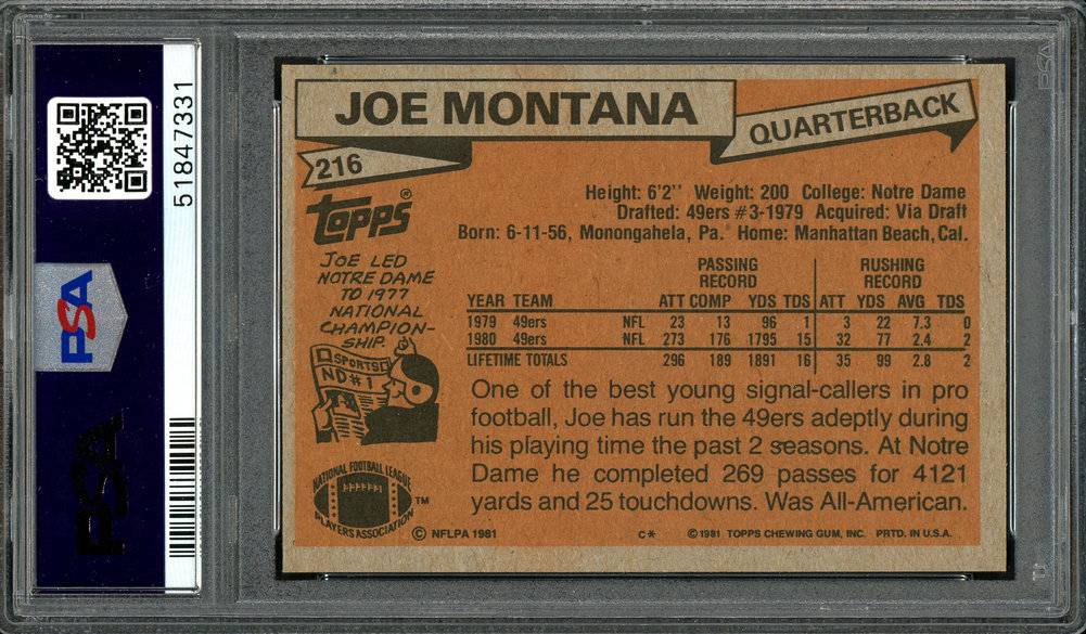Joe Montana Autographed Signed 1981 Topps Rookie Card #216 San Francisco 49Ers PSA Auto Grade Gem Mint 10 PSA/DNA Image a