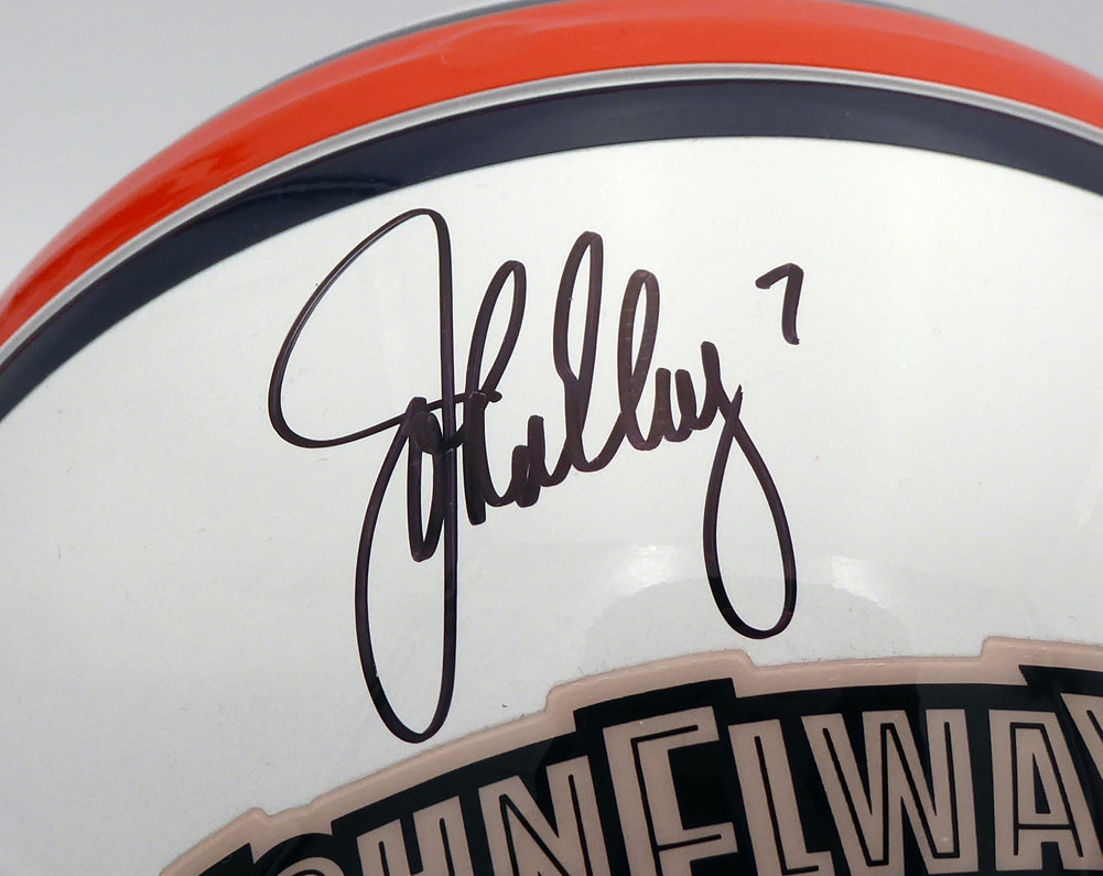 John Elway Autographed Denver Broncos Full Size Authentic Hall Of Fame Logo Helmet Beckett Beckett Image a