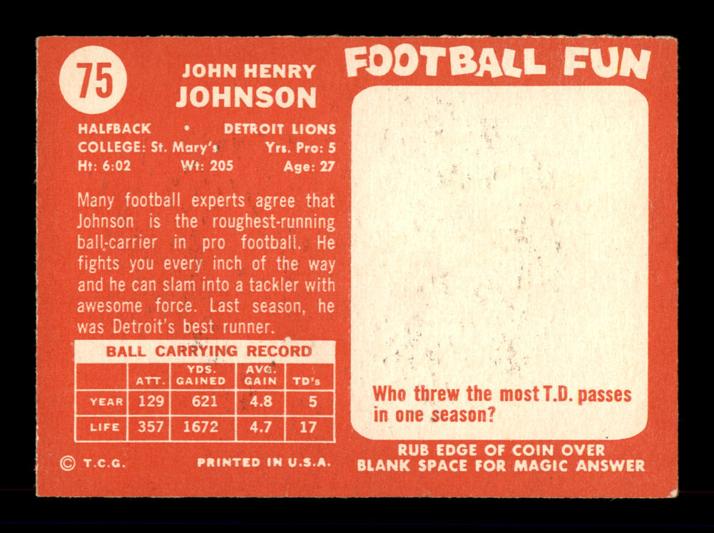 John Henry Johnson Autographed 1958 Topps Card #75 Detroit Lions #198162 Image a