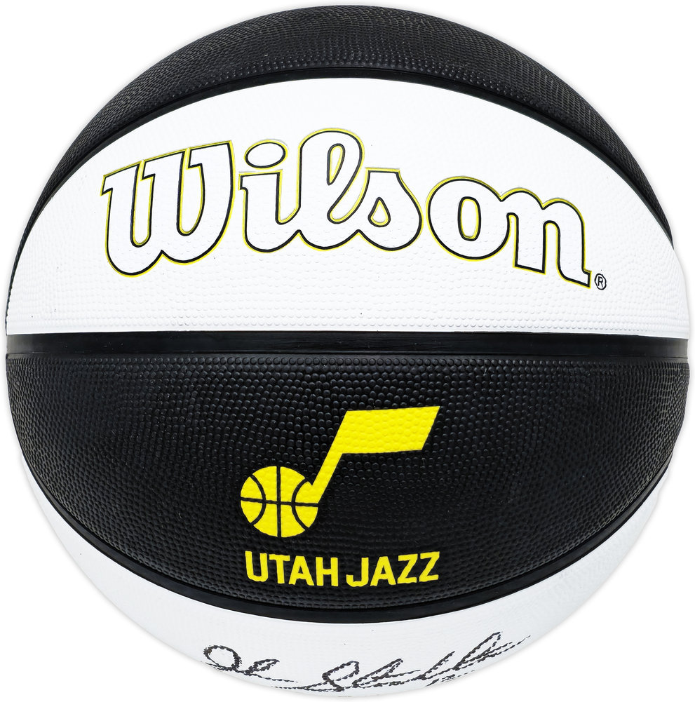 John Stockton Autographed Black & White Team Tribute Utah Jazz Logo Basketball Beckett Beckett Witness #224370 Image a