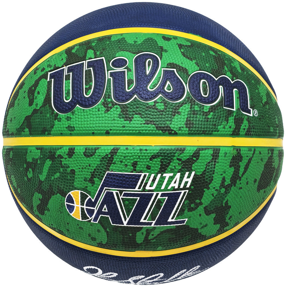 John Stockton Autographed Blue & Green Tie-Dye Utah Jazz Logo Basketball Beckett Beckett Witness #224369 Image a