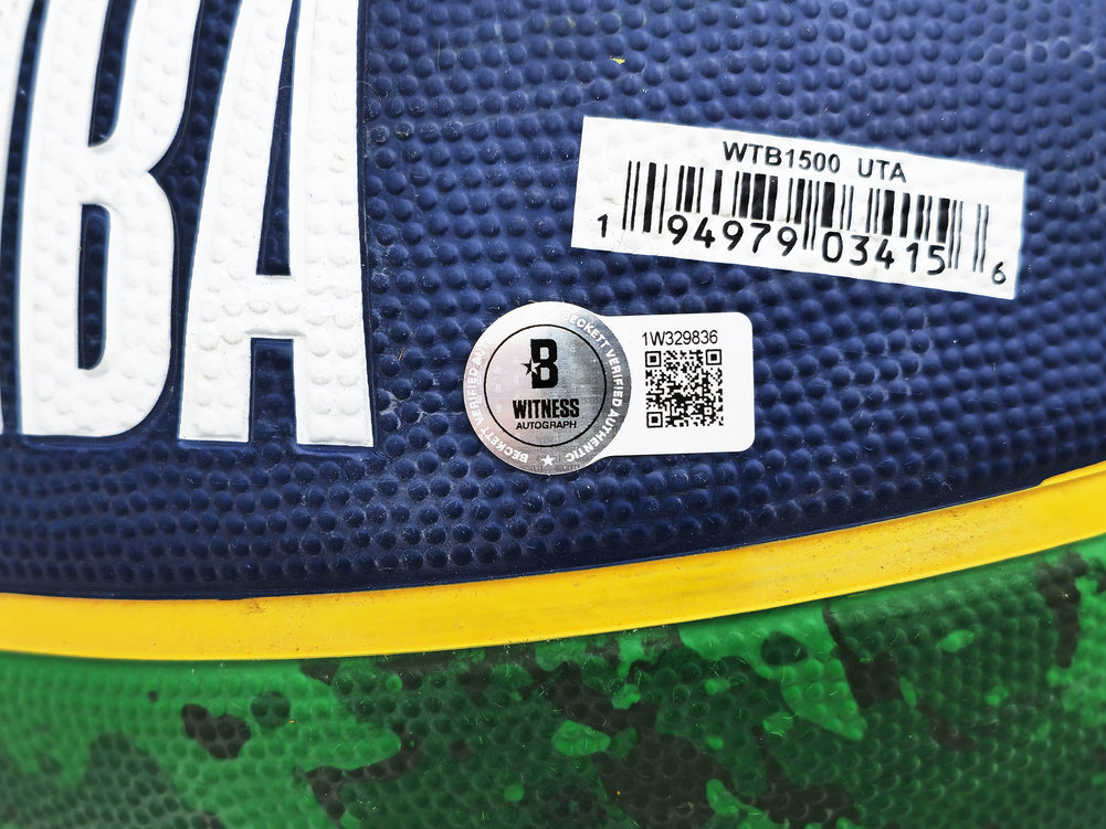 John Stockton Autographed Blue & Green Tie-Dye Utah Jazz Logo Basketball Beckett Beckett Witness #224369 Image a