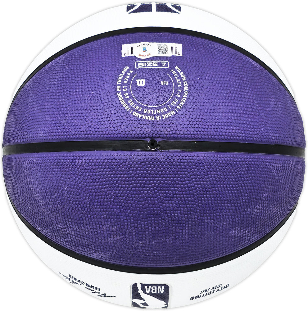 John Stockton Autographed Purple & White City Edition Basketball Utah Jazz Beckett Beckett Witness #224371 Image a