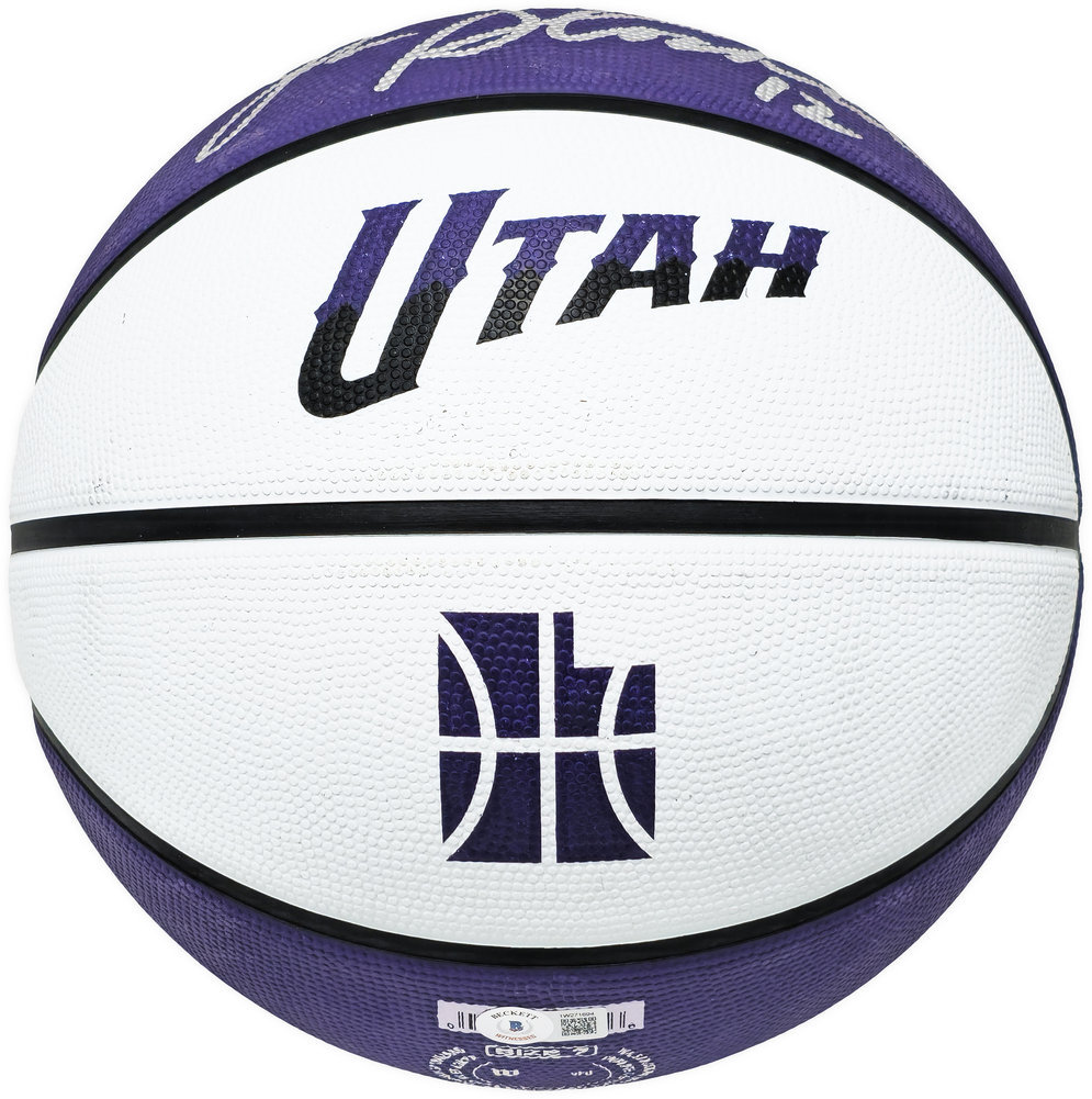 John Stockton Autographed Purple & White City Edition Basketball Utah Jazz Beckett Beckett Witness #224371 Image a