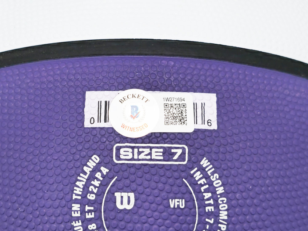 John Stockton Autographed Purple & White City Edition Basketball Utah Jazz Beckett Beckett Witness #224371 Image a