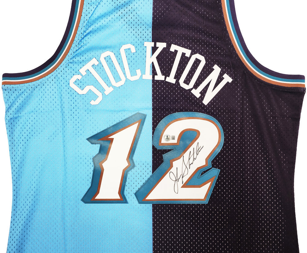 Utah Jazz John Stockton Autographed Blue & Purple Authentic Mitchell & Ness 1996-97 Hardwood Classic Swingman Split Jersey Size Xl Beckett Beckett Witness #224341 Image a