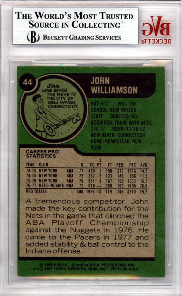 John Williamson Autographed 1977 Topps Card #44 Indiana Pacers Beckett Beckett Image a
