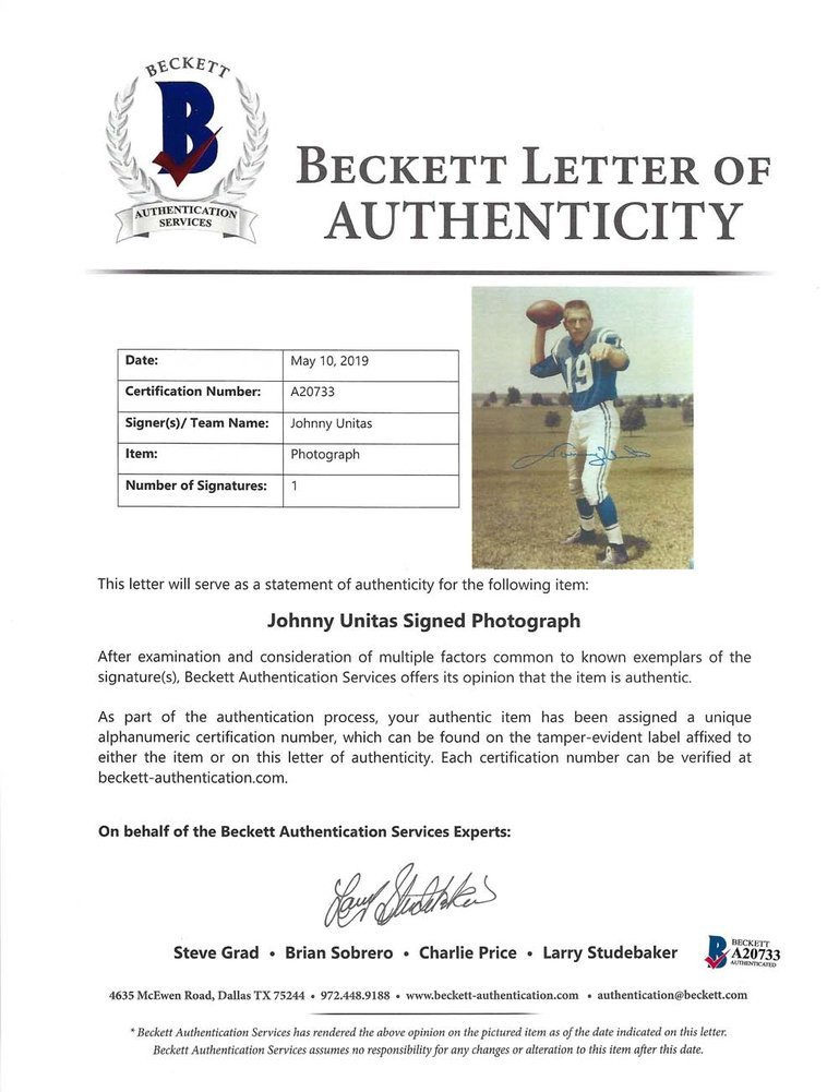 Johnny Unitas Autographed Framed 16X20 Photo Baltimore Colts Beckett Beckett Image a