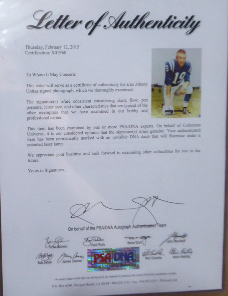 Johnny Unitas Autographed Framed 16X20 Photo Baltimore Colts PSA/DNA Image a