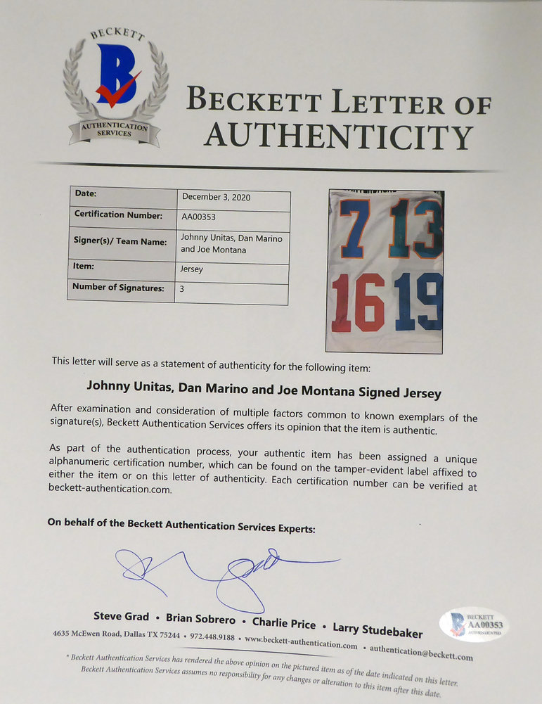 Quarterbacks Of The Century Autographed White Jersey Unitas, Marino & Montana Beckett Beckett Image a