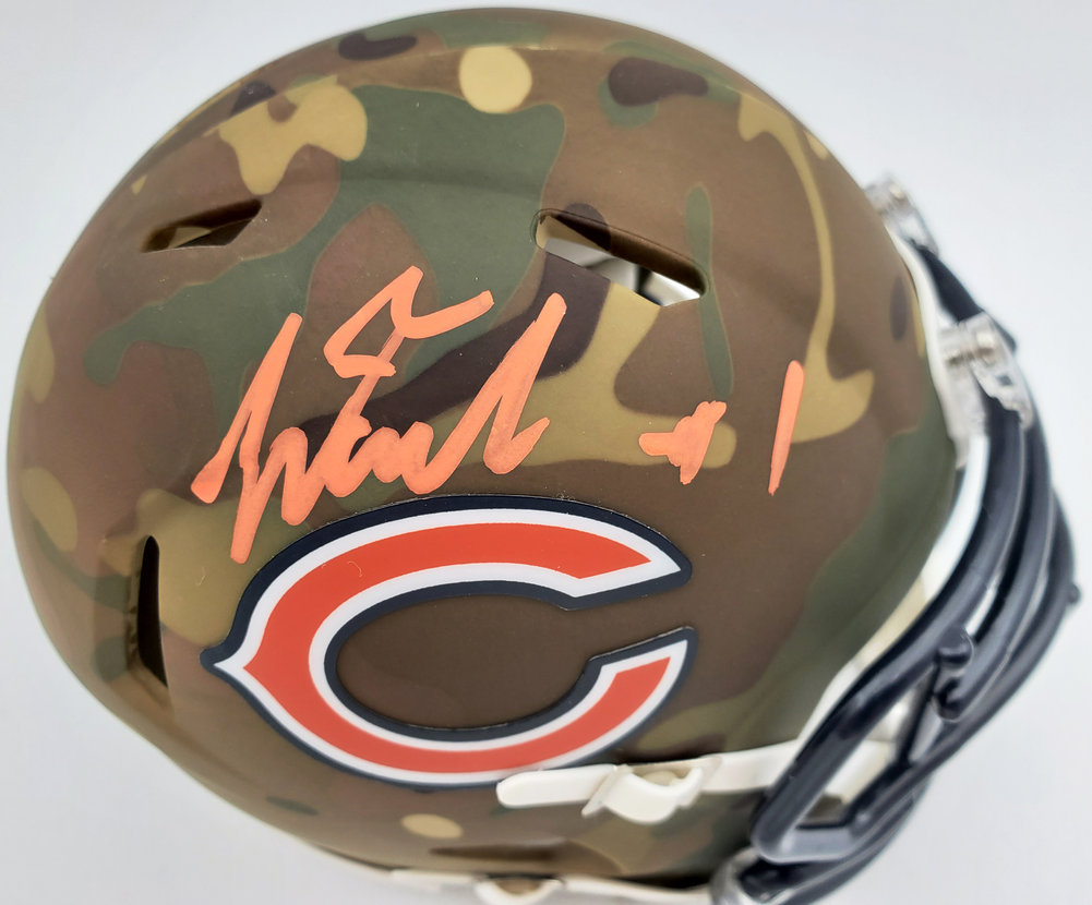 Justin Fields Autographed Signed Chicago Bears Camo Speed Mini Helmet Beckett Beckett Qr Image a