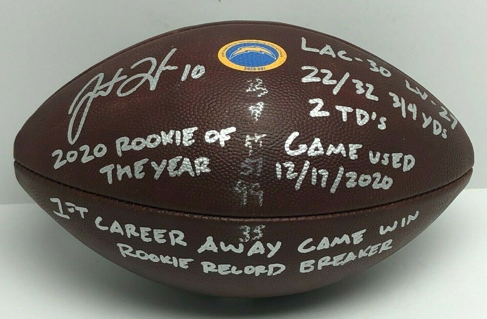 Justin Herbert Autographed Signed Game Used Football Rookie Of The Year More + More Beckett Image a