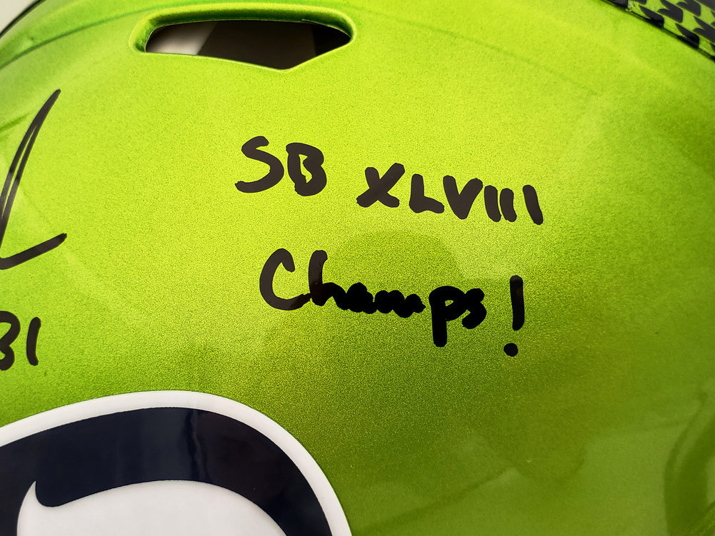 Kam Chancellor Autographed Seattle Seahawks Flash Green Full Size Authentic Speed Helmet "Sb Champs" Mcs Holo #197182 Image a