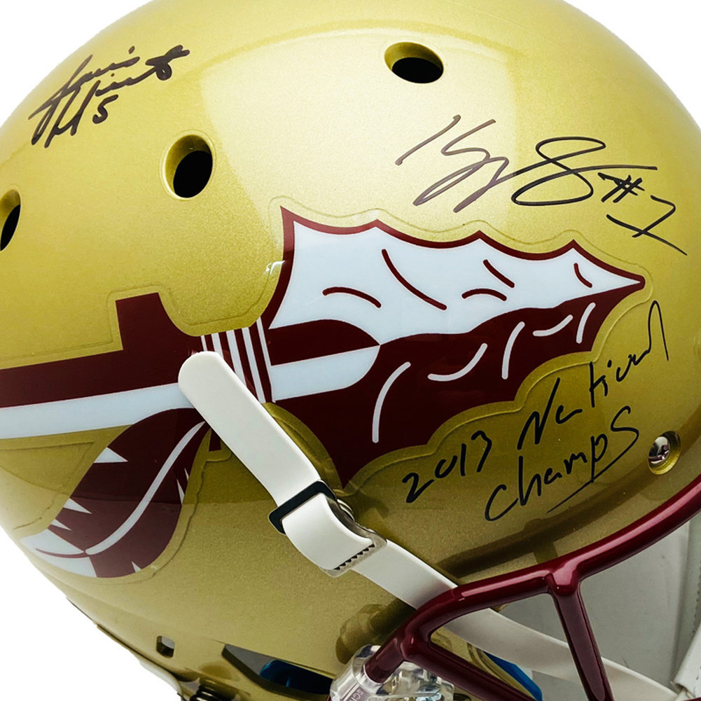 Kelvin Benjamin & Jameis Winston FSU Seminoles Autographed Signed  Full Size Schutt Replica Gold Helmet w/ 2013 National Champs Inscription - Beckett & PSA/DNA Authentic Image a