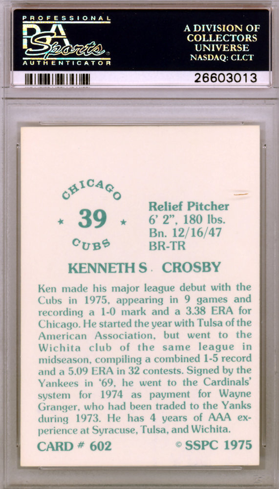 Ken Crosby Autographed 1975 Sspc Card #602 Chicago Cubs PSA/DNA Image a