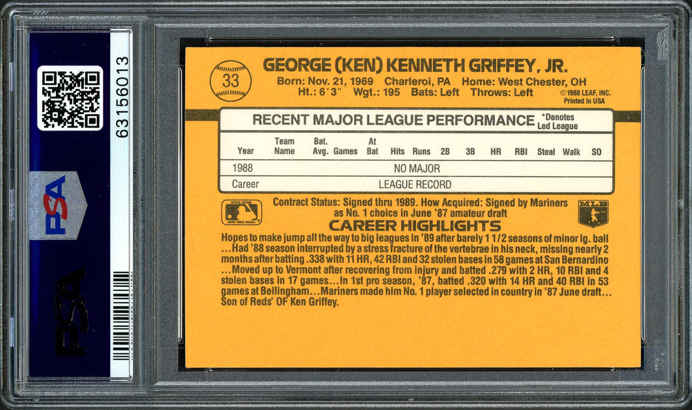Ken Griffey, Jr. Autographed Signed . 1989 Donruss Rookie Card #33 Seattle Mariners PSA Auto Grade Gem Mint 10 PSA/DNA Image a