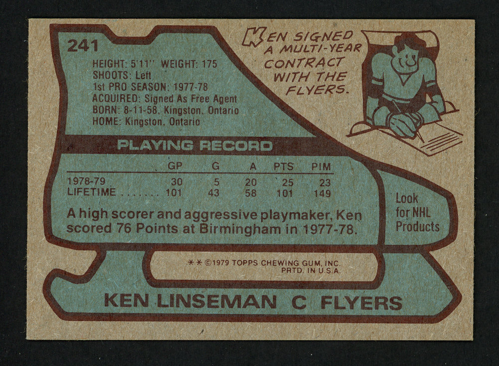 Ken Linseman Autographed 1979-80 Topps Rookie Card #241 Philadelphia Flyers #154357 Image a