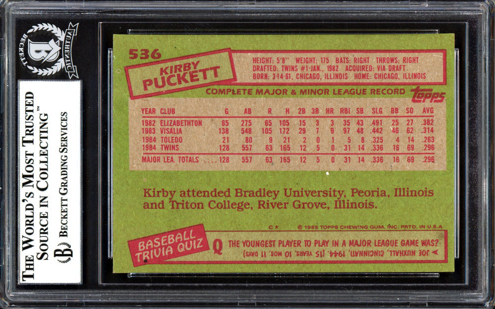 Kirby Puckett Autographed 1985 Topps Rookie Card #536 Minnesota Twins Beckett Beckett Image a