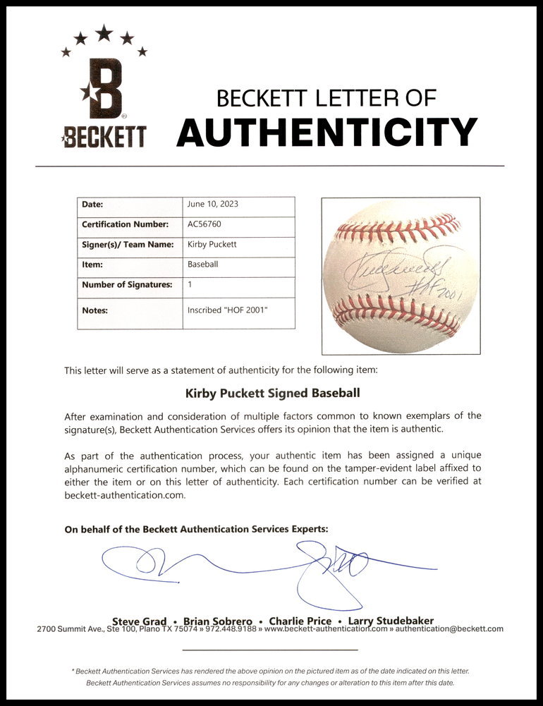Kirby Puckett Autographed Official Baseball Minnesota Twins "HOF 2001" Steiner & Beckett Beckett Image a
