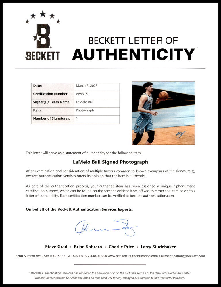 Lamelo Ball Autographed 16X20 Photo Charlotte Hornets Beckett Beckett Image a