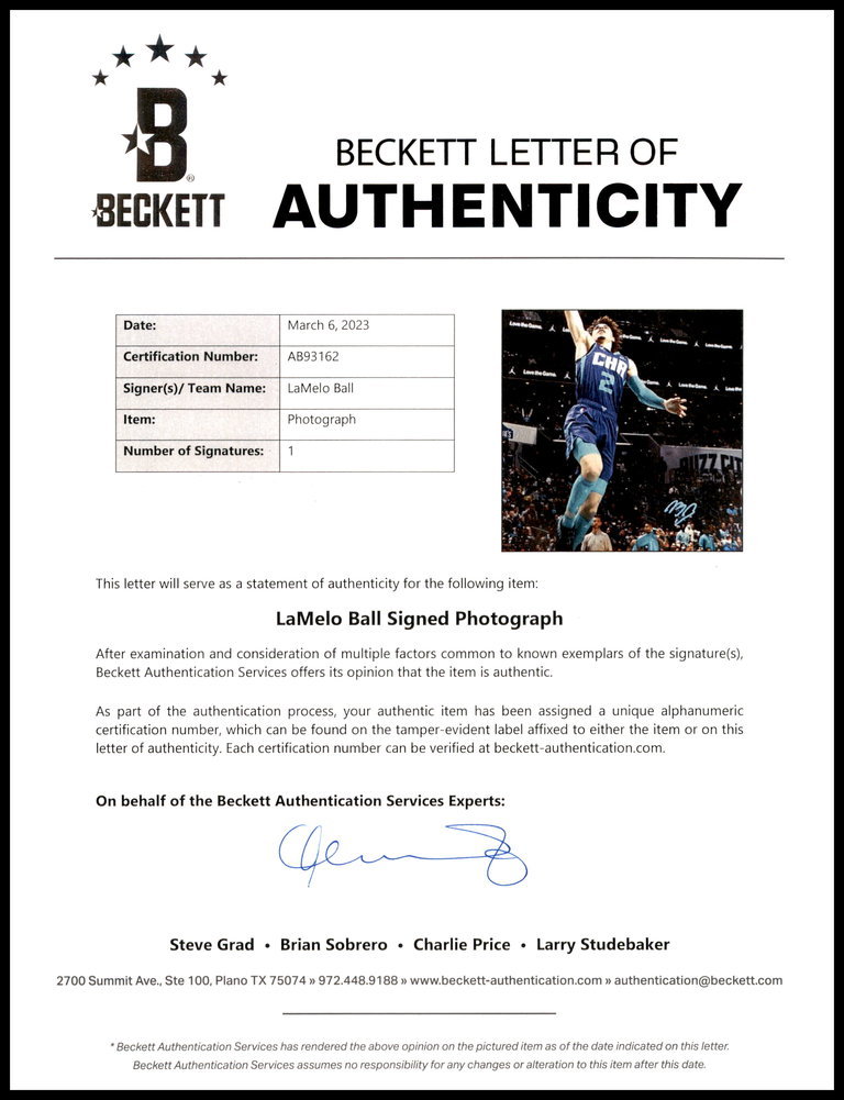 Lamelo Ball Autographed 16X20 Photo Charlotte Hornets Beckett Beckett Image a