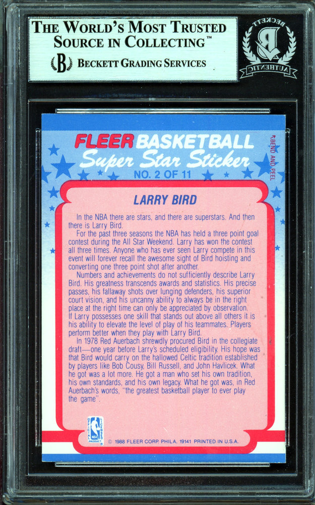 Larry Bird Autographed Signed 1988-89 Fleer Sticker Card #2 Boston Celtics Beckett Beckett Image a