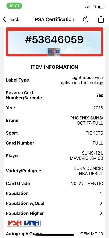 Luka Don?I? Autographed Signed #77 Mavericks NBA Debut Basketball Ticket PSA/DNA Auto 10 Image a