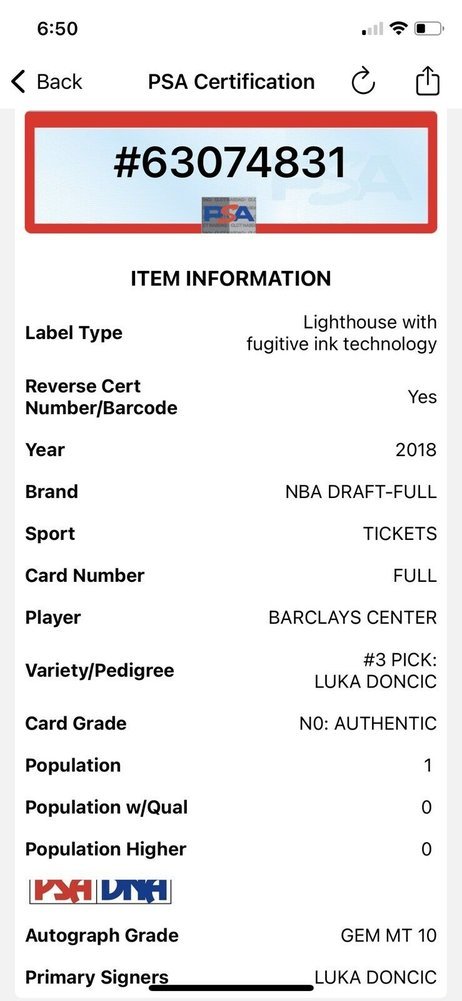Luka Don?I? Autographed Signed Mavericks 2018 NBA Draft Basketball Ticket PSA/DNA Auto 10 Image a