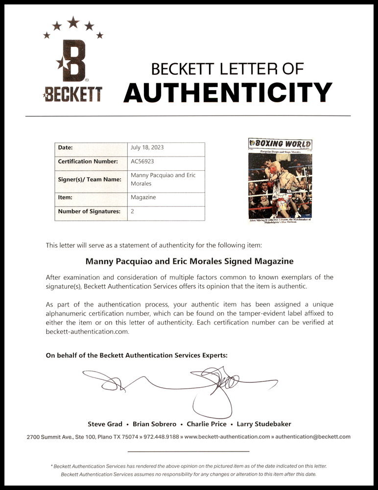 Manny Pacquiao & Erik Morales Autographed Boxing World Magazine Beckett Beckett Image a