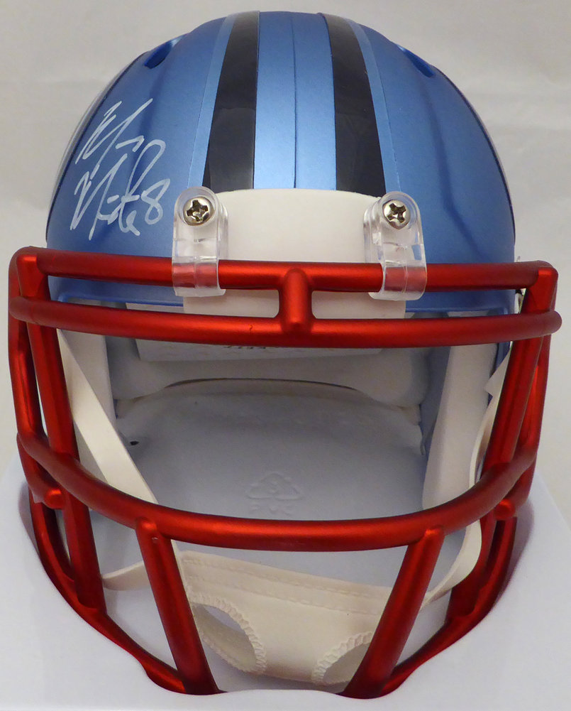 Download Marcus Mariota Autographed Signed Tennessee Titans Blue Blaze Speed Mini Helmet Beckett Authentic PSD Mockup Templates